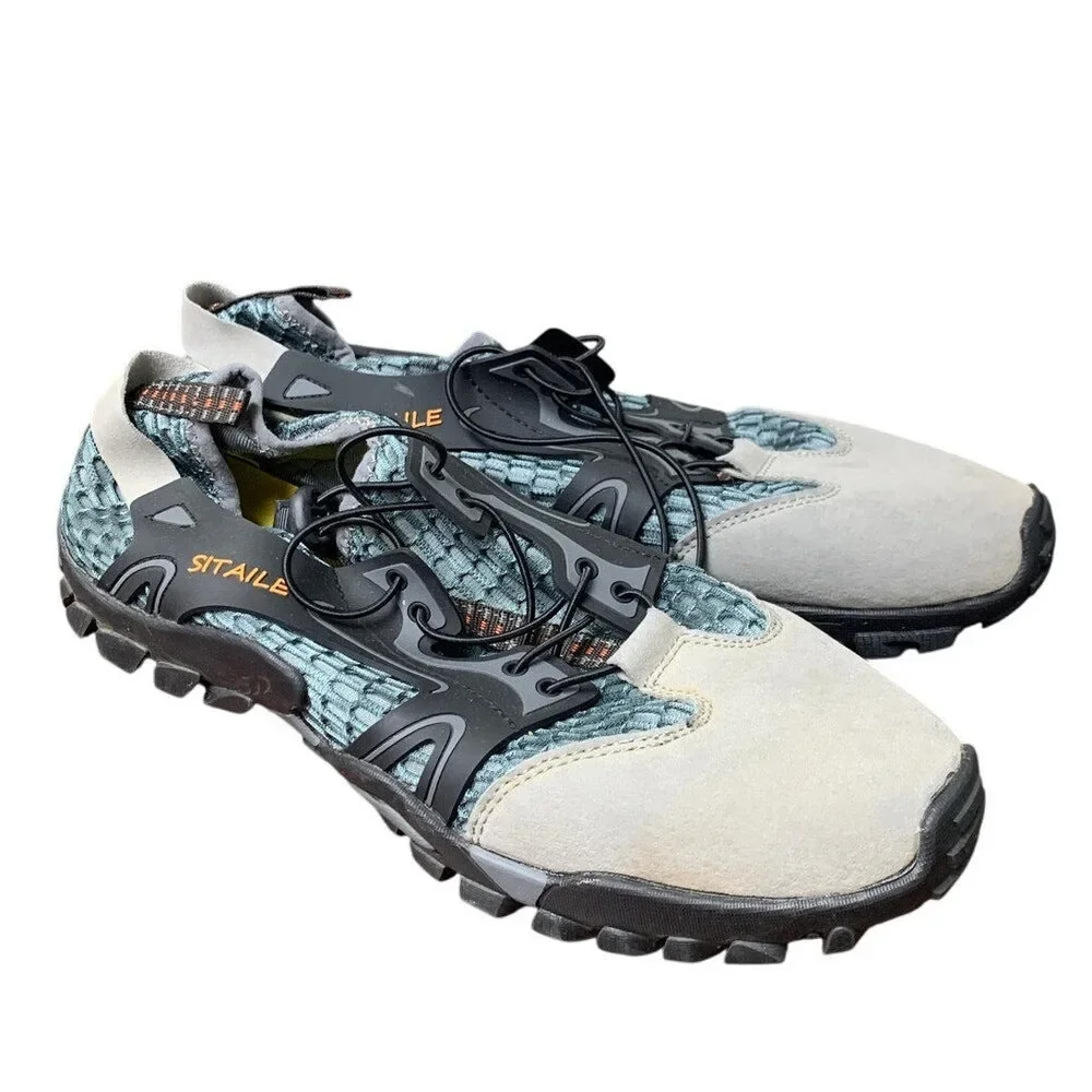 Sitaile Mens 12 Gray Elastic Lace Up Webbed Non Slip Urban Walking Sandal Shoes